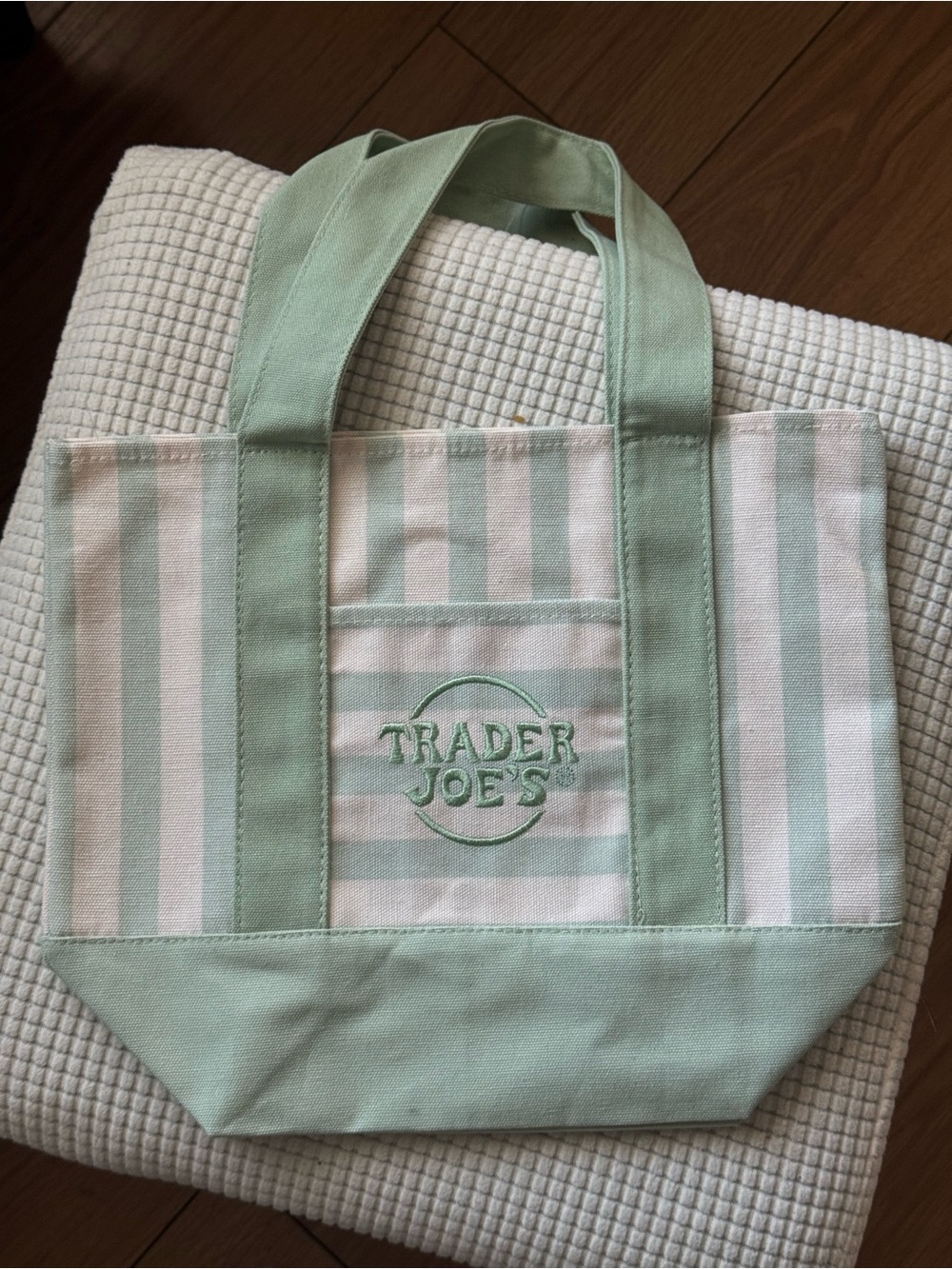 Limited Edition Trader Joe's Mint Green Striped Canvas Tote